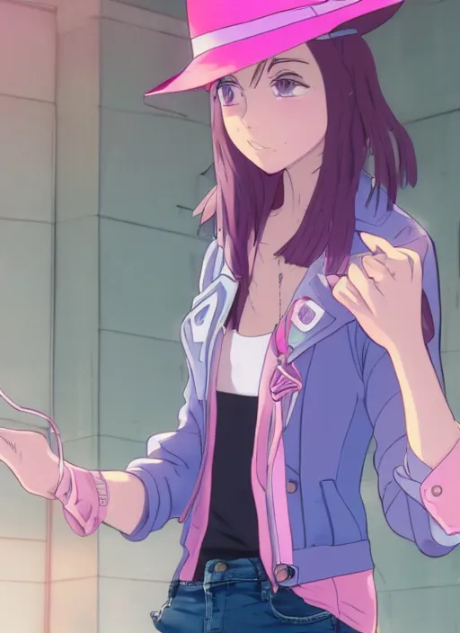 Prompt: a young woman, with a wavy short pink hair and pink fedora hat, wearing a light pink jacket with a dark blue tie, purple gloves and blue jeans shorts and white shoes. She is holding blue neon strings tied on her hand, rich vivid colors, ambient lighting, dynamic lighting, 4k, official media, anime key visual, makoto shinkai, ilya kuvshinov, lois van baarle, rossdraws, detailed, trending on artstation