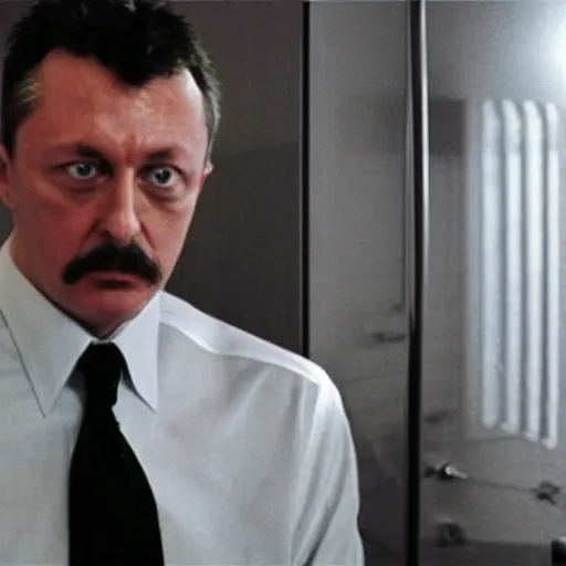 Image similar to Igor Ghirkin Strelkov as The American Psycho, sweating hard, staring schizophrenically, cinematic still