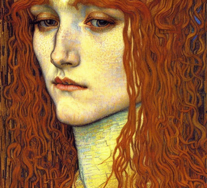 Image similar to detailed realistic beautiful young medieval queen face portrait by jean delville, gustav klimt and vincent van gogh, art nouveau, symbolist, visionary, gothic, pre - raphaelite, muted earthy colors, desaturated