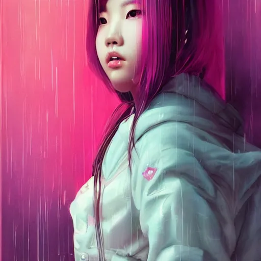 Image similar to “ a portrait of lee chae dam from blackpink, rainy background, pink bright art masterpiece artstation. 8 k, sharp high quality artwork in style of jose daniel cabrera pena and greg rutkowski, concept art by tooth wu, hearthstone card game artwork. ”