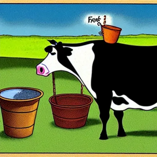 Image similar to a cow points at a bucket, far side, illustrated by gary larson