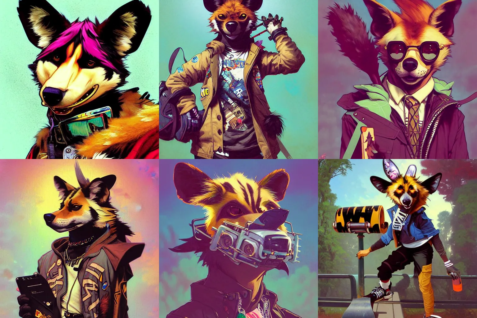 Prompt: furry anthropomorphic painted wild dog wearing skater punk clothes. Vaporwave. Renowned character illustration by greg rutkowski, thomas kindkade, alphonse mucha, loish, norman rockwell. Trending on furaffinity. Digital Art.