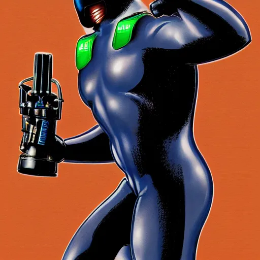 Image similar to human in suit with conic helmet and jetpacks attached to arms and legs, against dark background, fluid, smooth, organic, crazy, high contrast, sharpness, dramatic, by artgerm and siudmak and richard corben and moebius