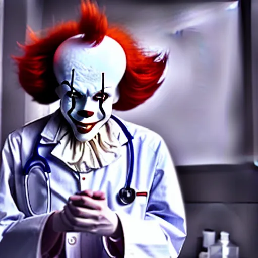 Image similar to a photograph of pennywise dressed as a doctor in a hospital, with a lab coat, with a stethoscope, hyperdetailed, intricate, dramatic, horror movie, movie still, 4 k realistic, volumetric lighting, sharp focus