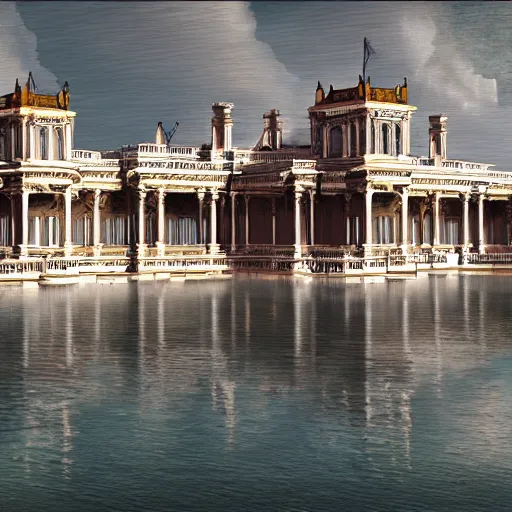 Prompt: concept art of a large victorian palace on the edge of a lake. Digital art. Realistic. Highly detailed.