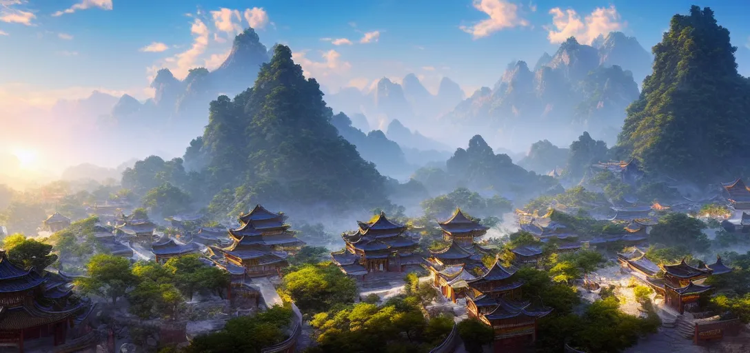 Prompt: epic view of beautiful ancient chinese city, clear blue skies, mountains and hills in the far background distance, unreal engine, dramatic lighting, detailed, ambient occlusion, global illumination, god rays, 3 d artstation render by greg rutowski and jessica rossier