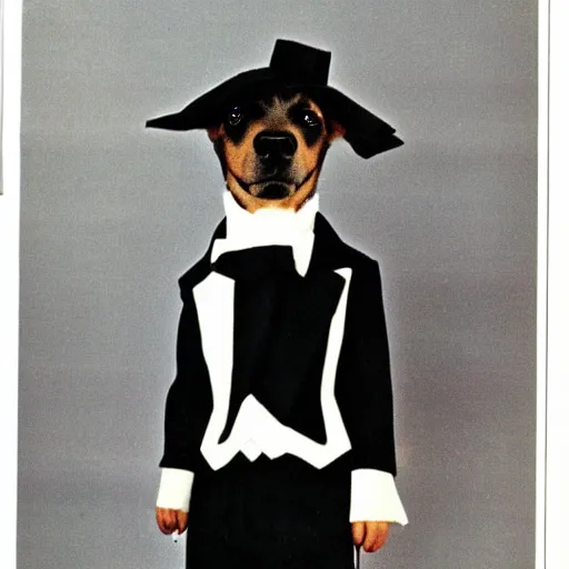 Image similar to 1 9 8 0 s yearbook photography of a dog dressed in a tuxedo