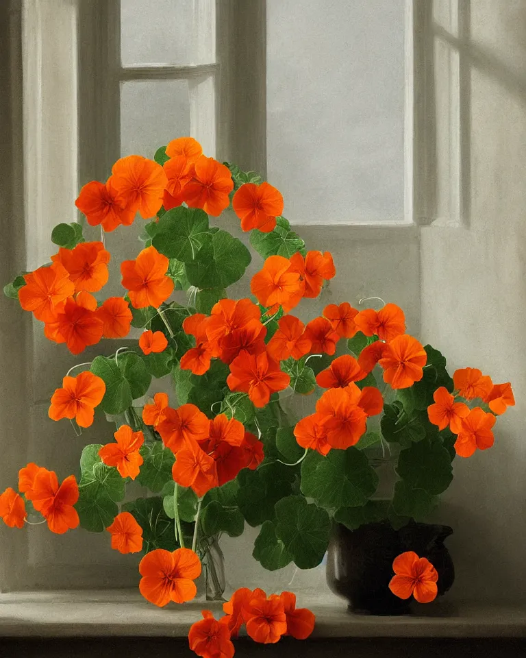 Prompt: fine artwork of a still life arrangement of flowering nasturtiums soft light coming from a window in a dark room, moody, beautiful classical style