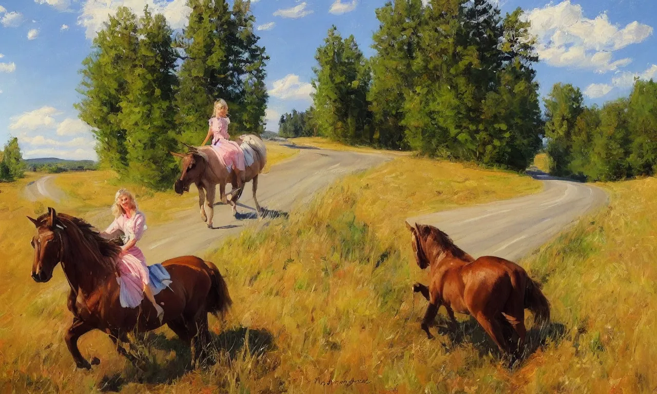 Prompt: 1950 blonde driving a mustang on a country road, moose, Swedish countryside, freedom, dawn, impressionism, realistic, painting by Vladimir Volegov, artstation, beautiful, masterpiece