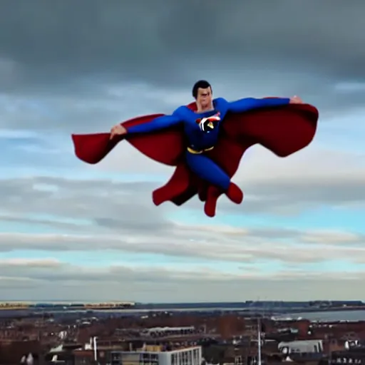 Image similar to A film still of superman flying over Dublin City Ireland