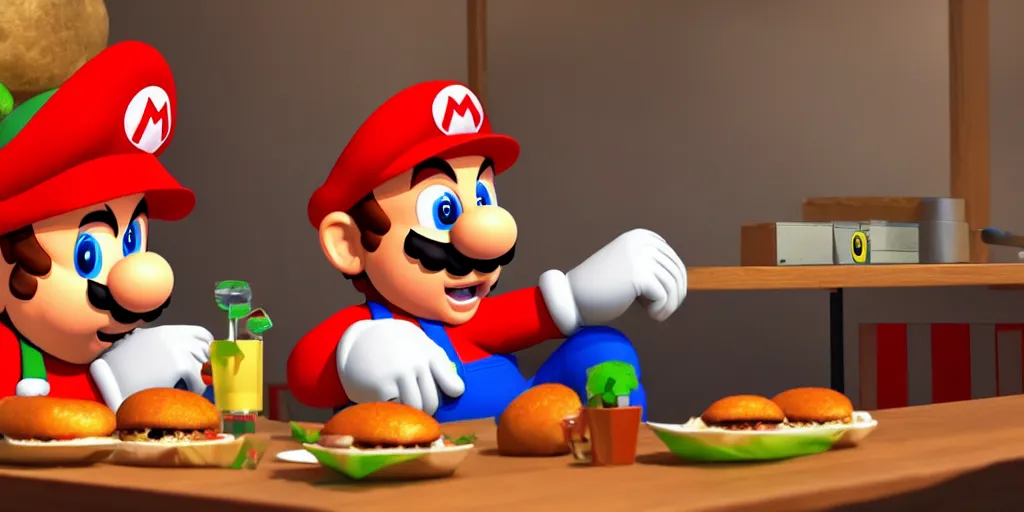 Prompt: Super Mario sitting next to a table eating some delicious hamburgers, digital art, wide shot, highly detailed, hyperrealistic, photorealistic, unreal engine 5, very detailed, emotional, made by a professional 3d artist, dynamic lighting, trending on artstation, 4k uhd, epic composition, masterpiece