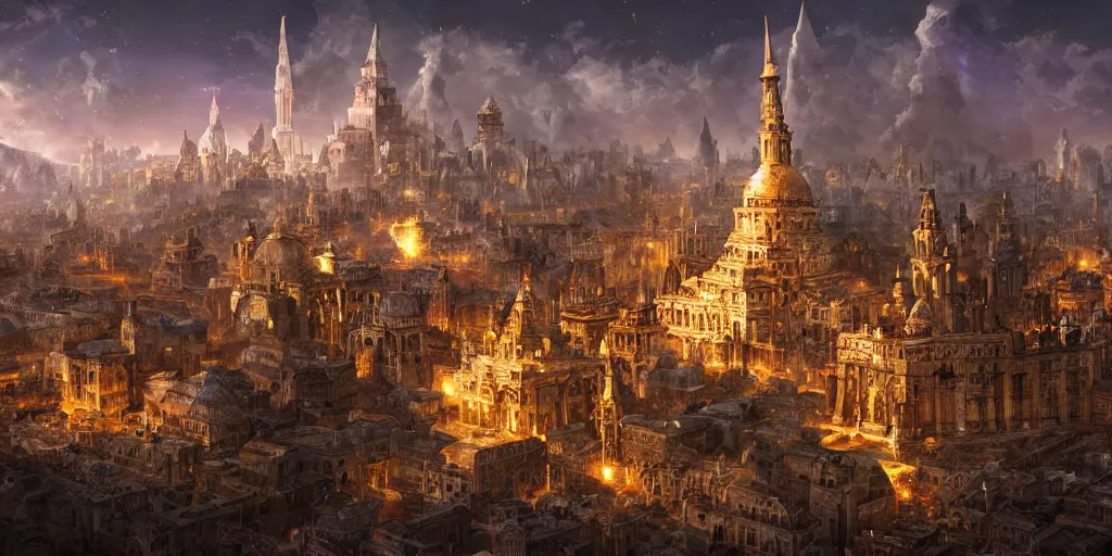 Image similar to magical city of the Great Tartarian Empire adorned with amazing lost technology, lighting resembling fireflies, spires from rooftops collecting and distributing etheric energy, the centerpiece of the city is a colossal ancient pyramid made of metal, cityscape, combining intense detail & utmost quality, Christian Hecker, Artstation, - H 832