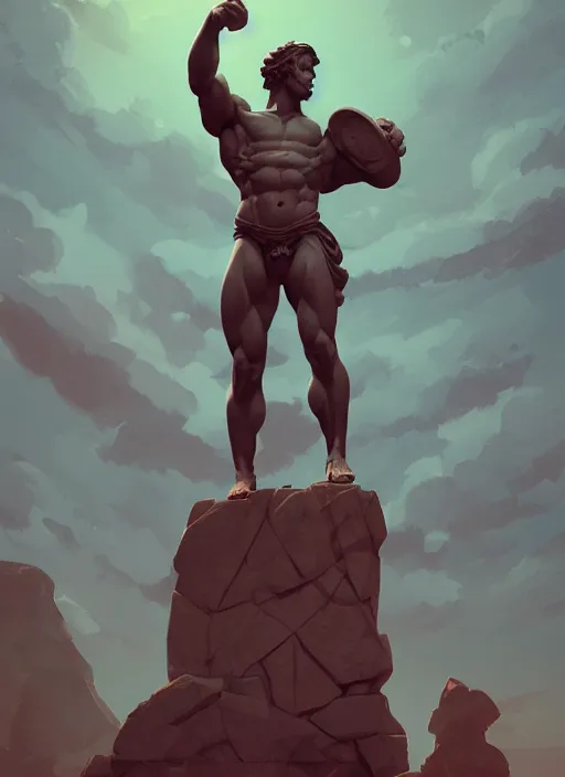 Prompt: stone statue of hercules in a vast lanscape, epic lighting, in the style of artgerm and charlie bowater and atey ghailan and mike mignola, vibrant colors and hard shadows and strong rim light, comic cover art, plain background, trending on artstation