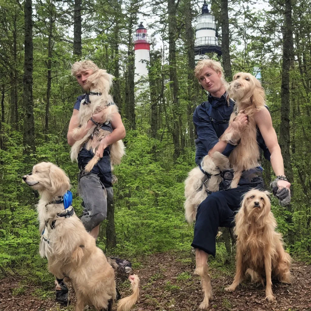 Prompt: blonde balthazar and his dog okko, celebrating birthday in a forest, with a lighthouse in the background