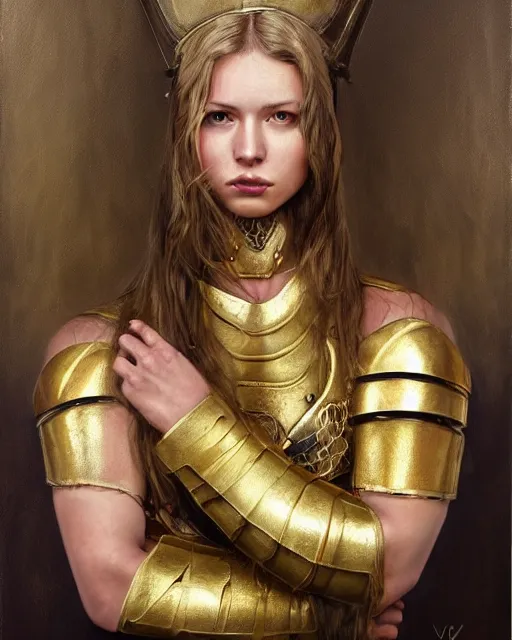 Image similar to beautiful female warrior, half body portrait, long flowing hair, heavy gold armour, realistic oil painting by boris valejo