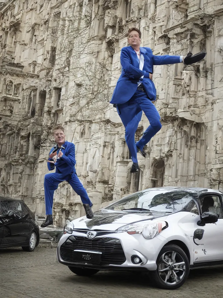 Image similar to !dream Sir Kier Starmer wearing a blue suit jumping on top of a toyota yaris