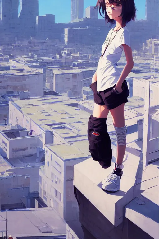 Prompt: A ultradetailed beautiful panting of a stylish girl standing on a rooftop, she is wearing streetwear, by Ilya Kuvshinov, Greg Rutkowski and Makoto Shinkai