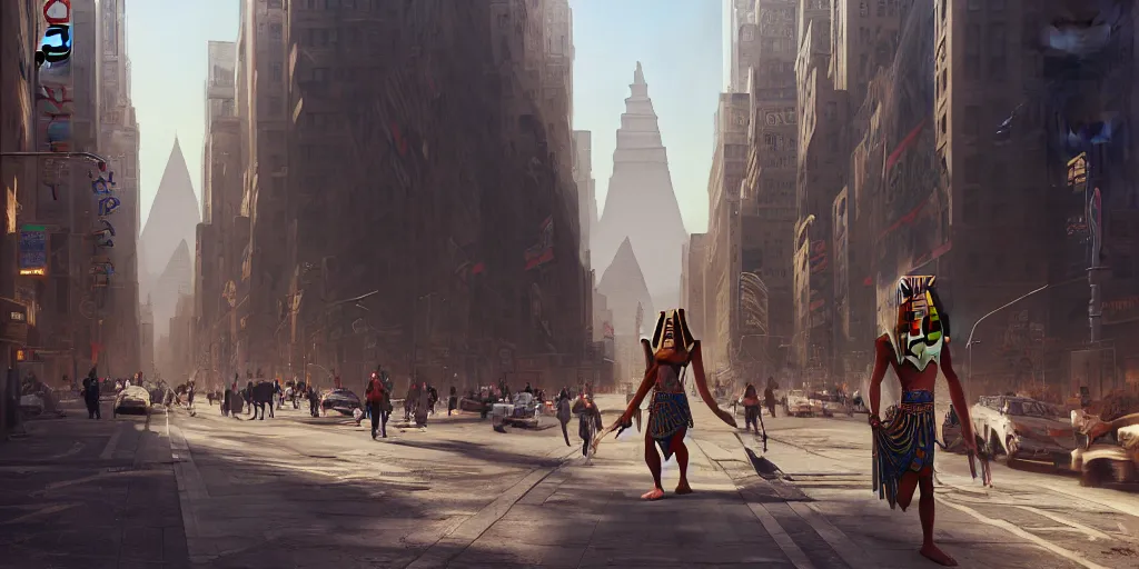 Image similar to an egyptian god walking the streets of new york, digital art, landscape, fantasy art, octane render, unreal engine, high detail, very realistic, by ross tran. by james gurney