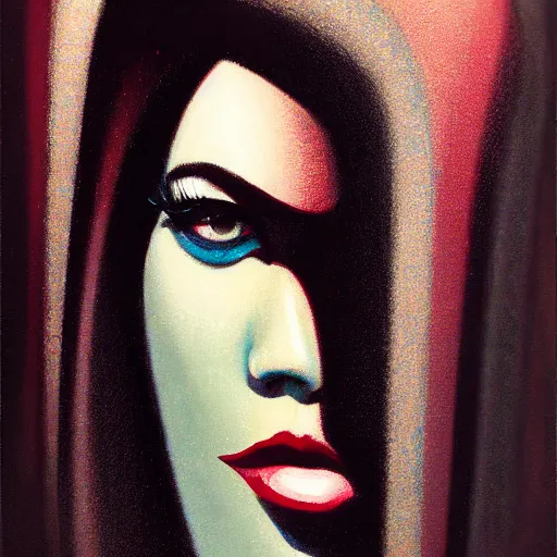 Image similar to detailed face of a woman, clockwork, moment, tectonic sky, skydome, bullet train, turbines, utopian, tech noir, wet reflections, prism, atmospheric, ambient, pj crook, syd mead, malcom t liepke, emma uber, edward hopper