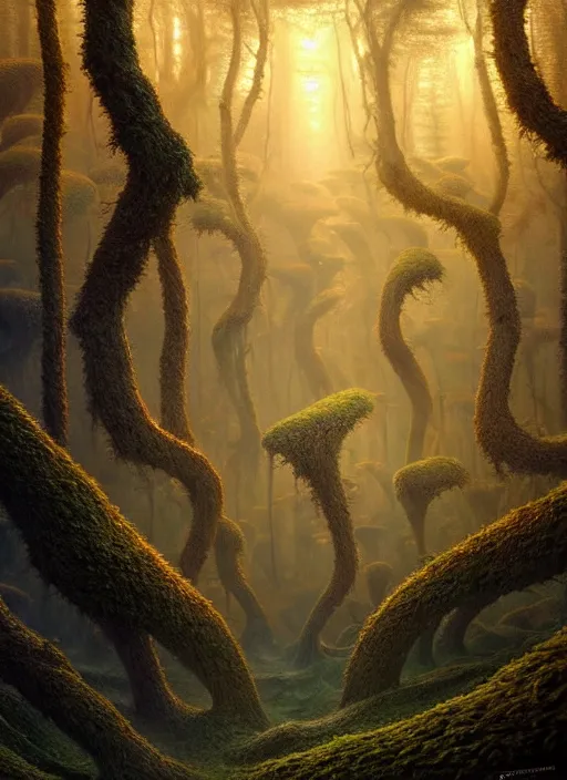 Prompt: a hyper - detailed 3 d render like a oil painting of the multidimensional forest in the golden light of dawn, surrealism!!!!! surreal concept art, lifelike, photorealistic, digital painting, aesthetic, smooth, sharp focus, artstation hd, by greg rutkowski, chris tulloch mccabe, valentina remenar and asher duran,