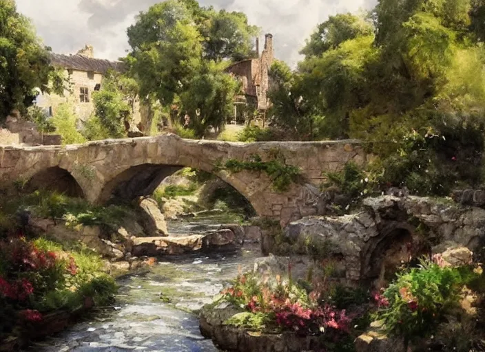 Image similar to watercolor of rustic stone bridge with mural, ivy, summer daylight, bright clear day, clouds, high detailed art by dennis miller bunker, work by anders zorn, wonderful masterpiece by greg rutkowski, beautiful cinematic light, american romanticism by greg manchess, creation by tyler edlin