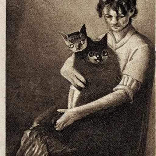 Prompt: it features a woman sitting with a cat on her lap. the woman is a bit spooky looking... her eyes glow with an unearthly light. indeed, she is nearly demonic.