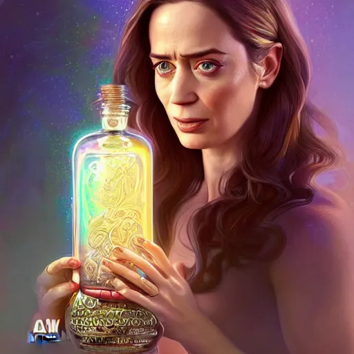 Image similar to a cute emily blunt inside an ornate bottle of iridescent liquid, alchemy, intricate, bloom, detailed, volumetric lighting, sharp focus, photorealism, digital painting, highly detailed, concept art, by by artgerm and wlop