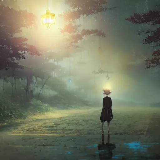 Image similar to anime, incredible wide screenshot, ultrawide, watercolor, rough paper texture, ghost in the shell movie scene, girl in a dress walking through the beautiful forest, lanterns, wood bridges, night outdoors, fireflies!!!, fog, dust