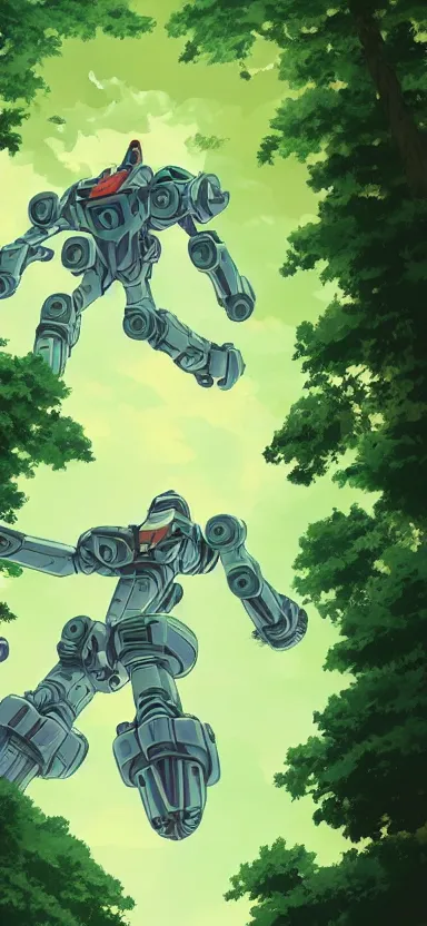 Prompt: pilot looking up at giant humanoid plant mech, coming through treetops, forest, key art, sharp lines, towering above a small person, aesthetic, anime, trigger, shigeto koyama, hiroyuki imaishi