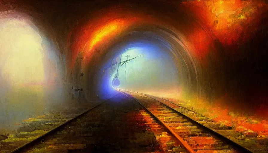 Image similar to a train driving through a psychedelic tunnel, by ivan aivazovski,