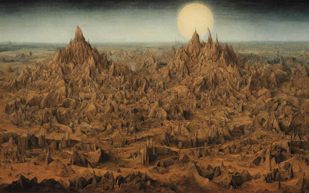 Image similar to grand palace of arrakeen on jodorowski's dune by pieter bruegel the elder and zdzisław beksinski, intricate details, trending on artstationhq and wikiart,