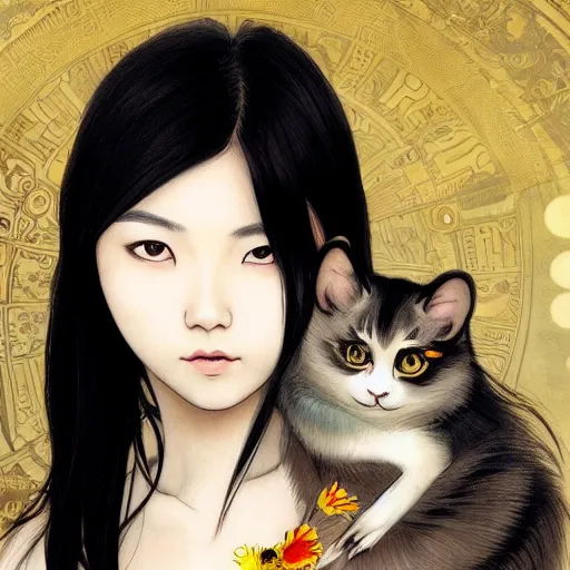 Prompt: cute emo taiwanese woman, with long dark hair, thick eyebrows!!! dark eyes and dark circles!, wide nose!!!, big eyes, oval face shape, big cheeks!, she is holding a cat in her arms, by juan villafuerte, greg rutkowski and alphonse mucha, pexels contest winner, high quality photo, hd rtx