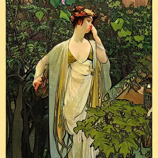 Prompt: “ a girl looking down at a bonsai, very detailed, by alphonse mucha ”