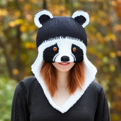 Prompt: a knitted hat shaped like a raccoon, very detailed, product photo