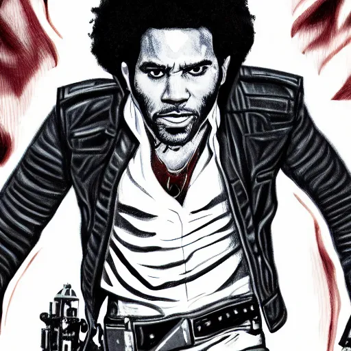 Prompt: detailed accurate portrait of lenny kravitz as han solo, star wars movie still, high resolution image, dc comics art style, artstation trends, 8 k