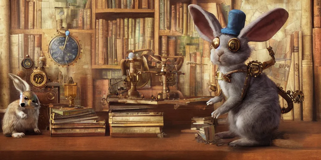 Prompt: steampunk rabbit in a library, oil painting on canvas by kenne gregoire, octane render, fantasy art, hyperrealistic