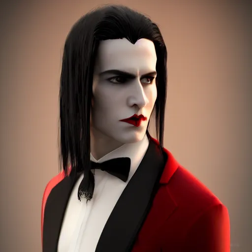 Prompt: a pale vampire, male, mid - 3 0 s, long black hair, clean shaven, dressed formally in red and black, high fantasy, realistic, classy, highly detailed, concept art, smooth, sharp focus, unreal engine 5, 8 k.