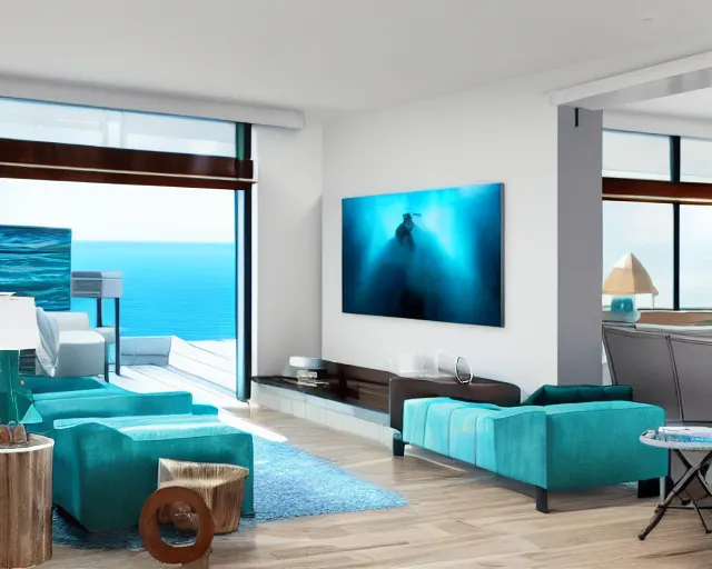 Prompt: A modern living room in a ocean hues style, calm, realsxed style, harmony, wide angle shot, 8k resolution