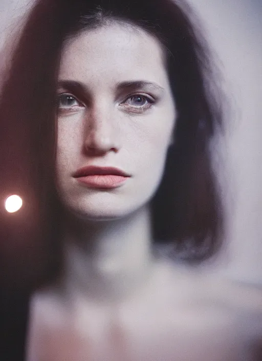 Prompt: a hyper realistic and detailed head portrait photography of French woman by Annie Leibovitz. Neo noir style. Cinematic. torch lights and glow in the background. Cinestill 800T film. Lens flare. Helios 44m