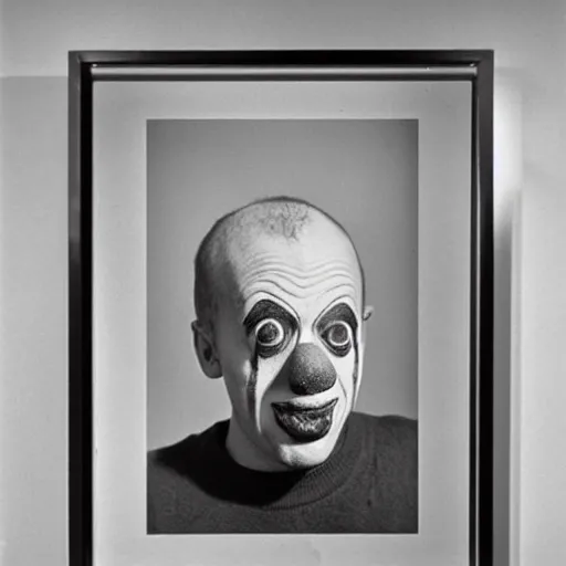 Image similar to portrait of clown by diane arbus, black and white photography