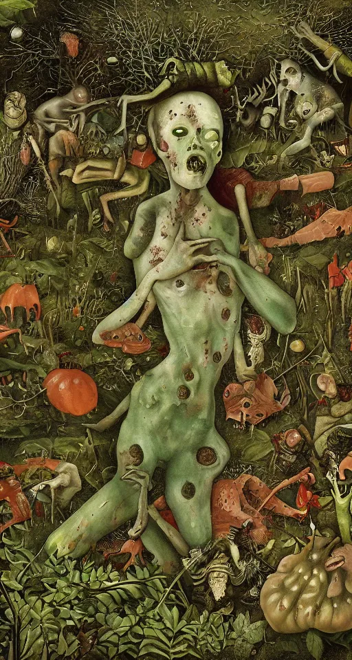 Prompt: a teenage zombie dissolving in a field of foliage, botanicals, fruit and insects, highly detailed, fantasy art, in the style of hieronymous bosch, cinematic wide angle camera,