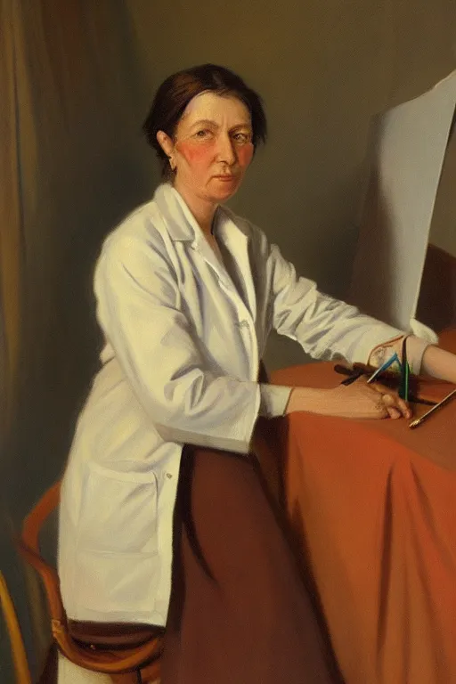 Image similar to a woman doctor, painting by by ralph grady james, jean christian biville