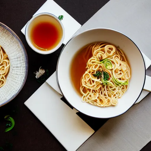 Prompt: a bowl of noodles, a glass of tea, food photography