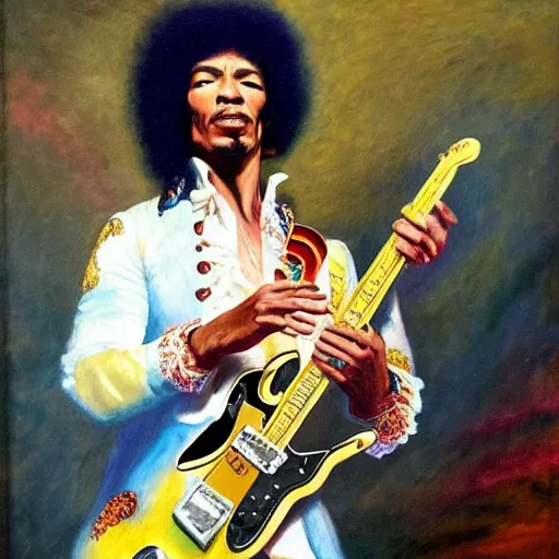 Prompt: oil painting of jimi hendrix performing at the vienna opera house, 1 7 8 5