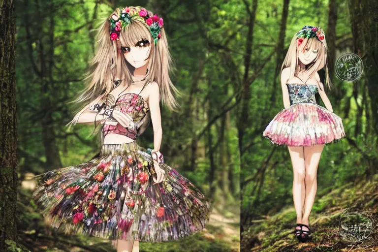 Prompt: chibi anime fashion model wearing valentino 2 0 1 4 floral skirt and jeweled headpiece outdoors in the woods, flowers