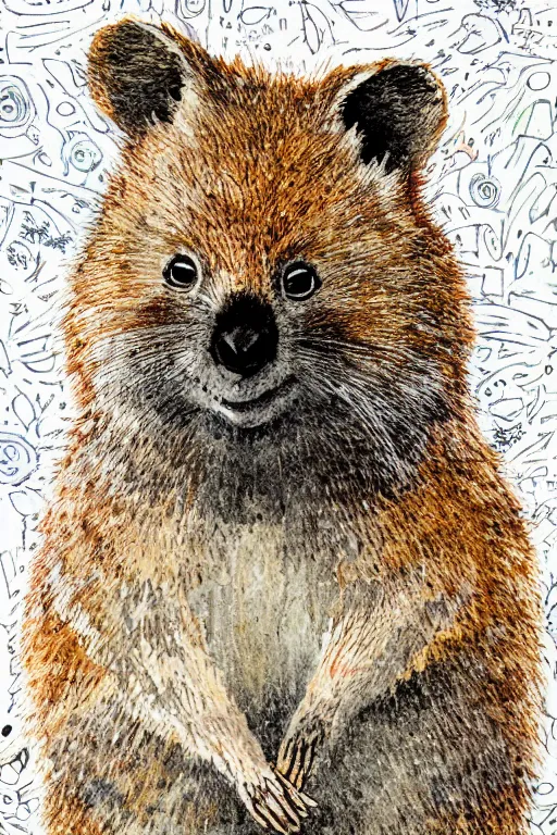 Prompt: detailed illustration, a portrait of a happy quokka on a white background, may gibbs, layered composition, layers, texture, textured, layered, sculpted, dynamic,