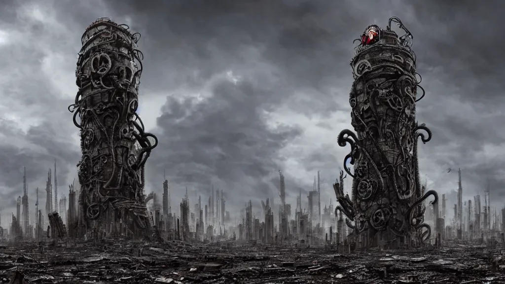 Image similar to A tower with an Eyeball at the top, BioMechanical like Giger, with tentacles coming out, looking over a stormy post-apocalyptic wasteland, dystopian art, wide lens