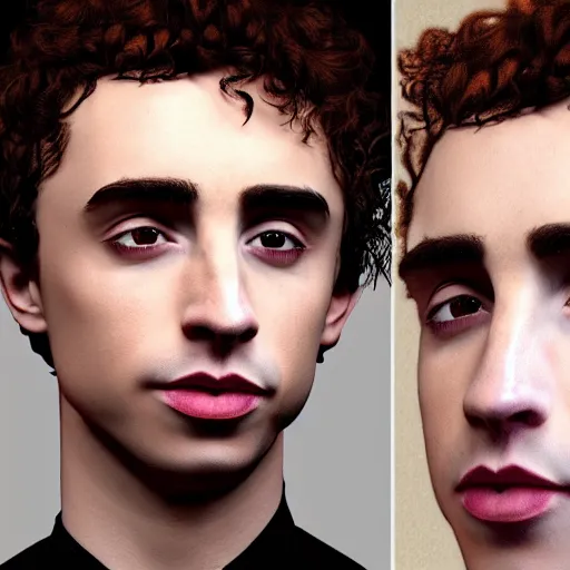 Image similar to Robert Sheehan and Timothee Chalamet crossbreed, rendered in 3D by Xie Boli, trending on artstation, 4k, 8k, photorealistic imagery, photorealistic details, intricate, highly detailed