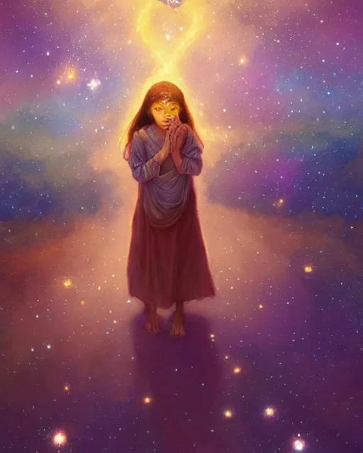 Image similar to bedouin child praying in galaxy walking towards mosque surrounded by nebula, highly detailed, gold filigree, romantic storybook fantasy, soft cinematic lighting, award, disney concept art watercolor illustration by mandy jurgens and alphonse mucha and alena aenami, pastel color palette, featured on artstation