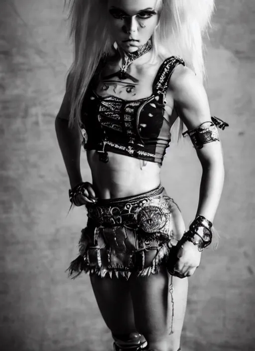 Image similar to kerli koiv in mini skirt and crop top tank top, platform boots, beautiful face, intricate, extremely detailed, modeling photography, 8 0 mm camera, dramatic lighting, dark room, body and face, golden ratio, rule of 3 rds, well proportioned